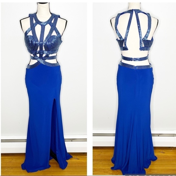 Jasz Couture Blue Beaded Grecian Style Prom Pageant Gown Size 2 - Picture 1 of 11